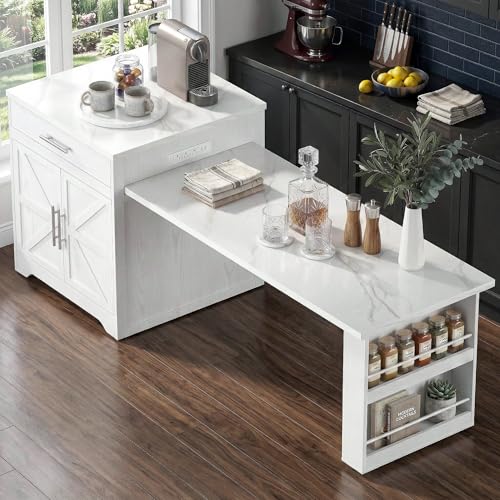 FUSUNBAO 78'' Kitchen Island with Extendable Dining Table for 4-6, Farmhouse Rolling Mobile Center Islands with Storage, Wine Glass Rack, Charging Station, 2 Drawers 2 Side Open Shelves, White - color: White