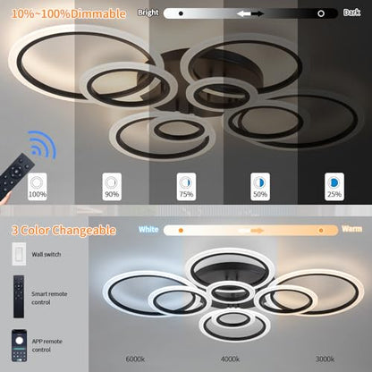 Shine LUEST Modern Ceiling Light, 41.3'' Dimmable LED Black Flush Mount Ceiling Lights with Remote Acrylic Round Ceiling Lamp Fixture for Low Ceiling Bedroom Living Room Dining Room, 108W - color: Black, 8 Rings