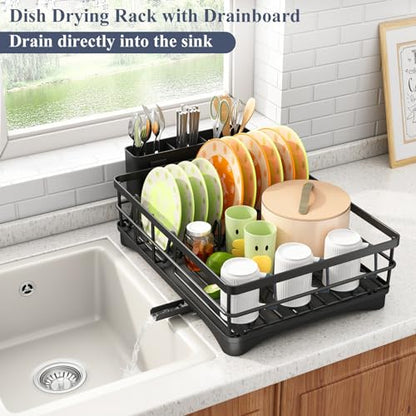 SAYZH Dish Drying Rack for Kitchen Counter with Utensil Holder, Black | Stainless Steel, Large Capacity, Angled Drainboard, Rotating Spout, Removable to Clean - color: Black
