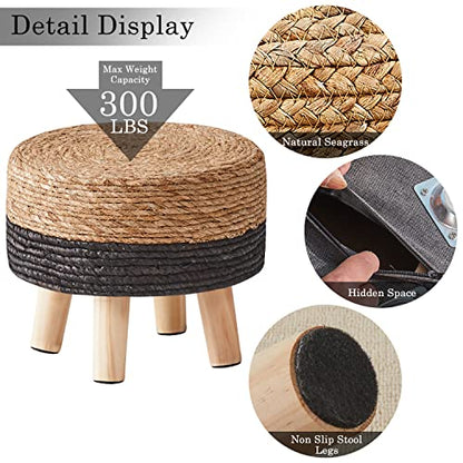 Cpintltr Ottoman Natural Seagrass Footrest Poufs Hand Weave Round Foot Stool for Couch Desk Soft Step Stool Padded Foot Rest with Pine Legs for Living Room Bedroom Natural/Black - color: Black