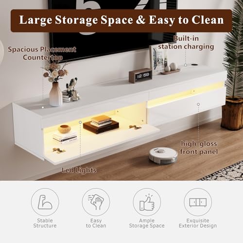 basenji 71" Floating TV Stand Wall Mounted,Solid Wood Entertainment Center with LED Lighting & Power Outlet, High-Gloss Modern Media Console for TVs up to 85",Tv Consoles for Living Room,White - color: White