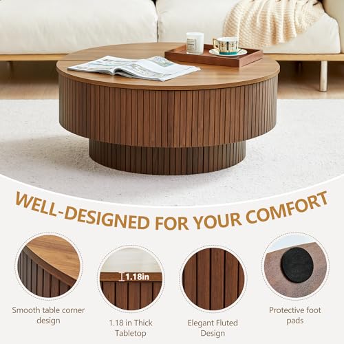 33" Round Coffee Table with Lift-Top & Flip-Top Storage, Modern Accent Fluted Coffee Tables with Metal Frame, Wooden Circle Center Table for Living Room Small Space Apartment Office (Walnut) - color: Walnut 33" Round Lift-top & Flip-top