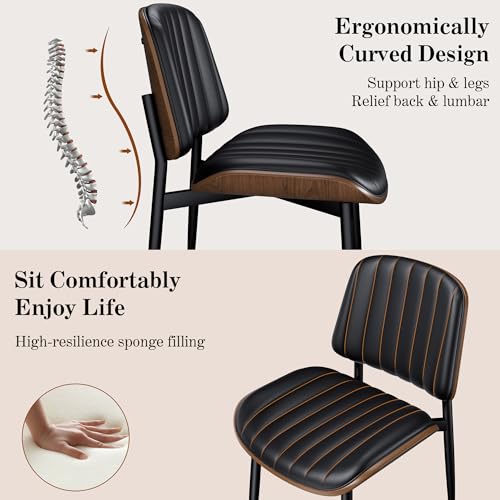 Dining Chairs Set of 2, Mid-Century Modern Upholstered PU Leather Chairs | with Walnut Bentwood Back and Metal Legs Adjustable Feet for Kitchen Dining Living Room, Dark Black Vertical Stripes - color: Dark Black Vertical Stripes