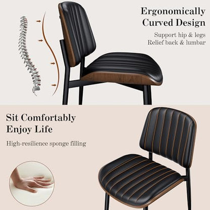Dining Chairs Set of 2, Mid-Century Modern Upholstered PU Leather Chairs | with Walnut Bentwood Back and Metal Legs Adjustable Feet for Kitchen Dining Living Room, Dark Black Vertical Stripes - color: Dark Black Vertical Stripes