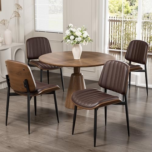 Dining Chairs Set of 2, Mid-Century Modern Upholstered PU Leather Chairs | with Walnut Bentwood Back and Metal Legs Adjustable Feet for Kitchen Dining Living Room, Dark Brown Vertical Stripes - color: Dark Brown Vertical Stripes