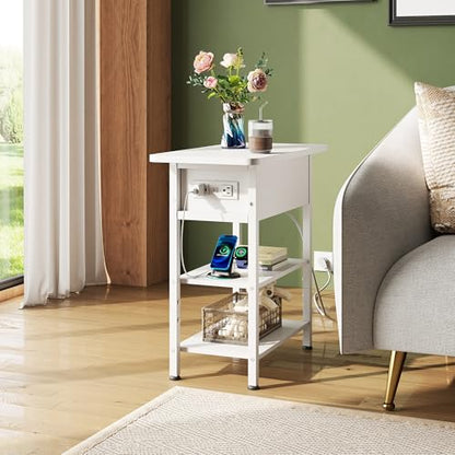 WLIVE 3-Tier End Table with Charging Station Flip Top Narrow Nightstand | 2 USB Ports+2 AC Outlets; Flip Top Hidden Storage; 2 Open Shelves; Small Space Living Room Bedroom; Sturdy Carbon Steel Frame - color: White