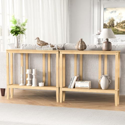 ELYKEN Bamboo 2-Tier Narrow Console Table, 36.2" Long Slim Hallway Table | Sofa Table Behind Couch with Storage Shelf for Entryway, Living Room, Foyer - color: Natural