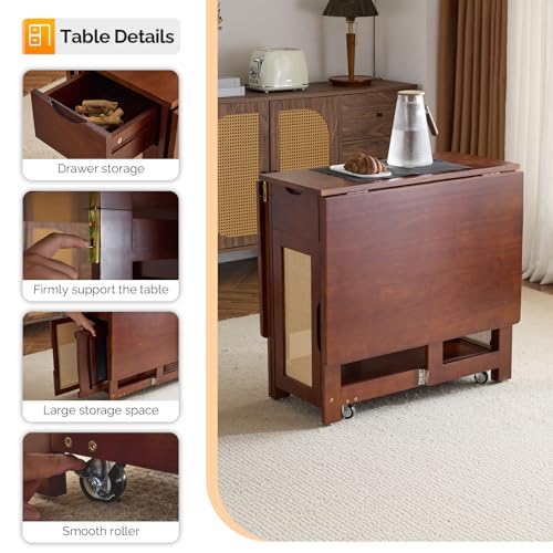 VINGLI Folding Dining Table Set Extendable Drop Leaf Solid Wood Foldable Table 5 Piece with 4 Chairs 2 Drawers and Wheels for Kitchen Space Saving,Walnut