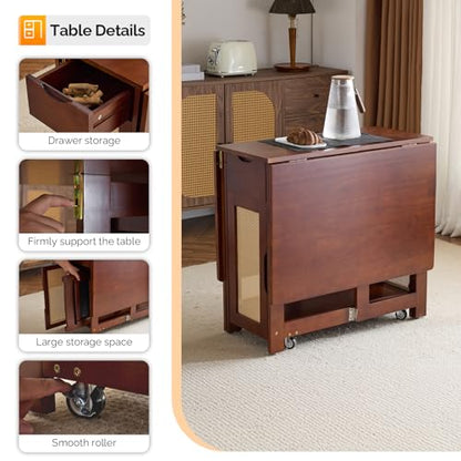 VINGLI Folding Dining Table Set Extendable Drop Leaf Solid Wood Foldable Table 5 Piece with 4 Chairs 2 Drawers and Wheels for Kitchen Space Saving,Walnut