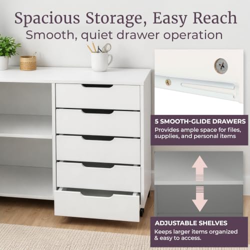 5 Drawer Office Storage Cabinet - Wooden Lateral File Cabinet with 5 Drawers, Door, and Adjustable Shelves - Rolling Printer Stand for Home Office Organization and Storage by Lavish Home (White)