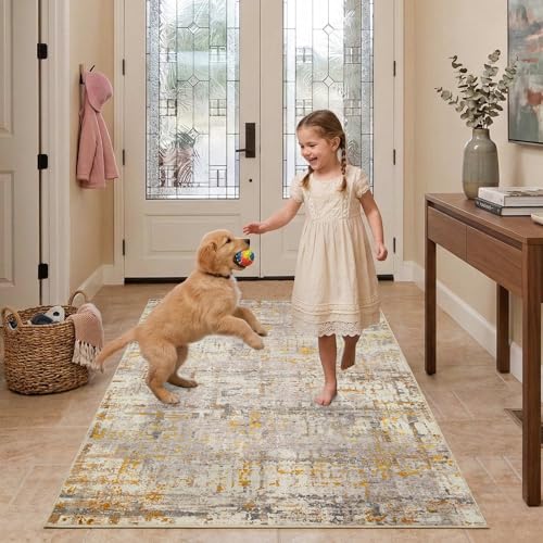 3x5 Entryway Rug,Gold Washable Bedroom Area Rug | Machine Washable, Non-Slip, Stain Resistant Low Pile Modern Carpet with Rubber Backing for Dining Room Kitchen Home Decor - color: Beige Gold, size: 3' x 5' (Rectangular)
