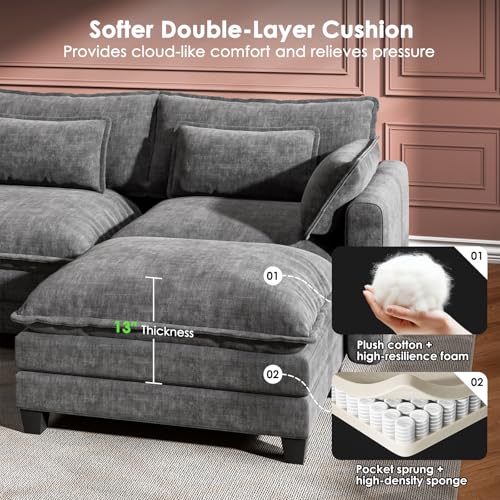 Marsail Modular Sectional Sofa 110.6" U-Shaped Modern Comfy Cloud Couch, 5-Seat Chenille Deep Seat Sofa with Throw Pillow & Movable Ottoman for Living Room, Bedroom and Apartment, Slate Gray - color: Slate Gray, size: 110.6" - U Shape