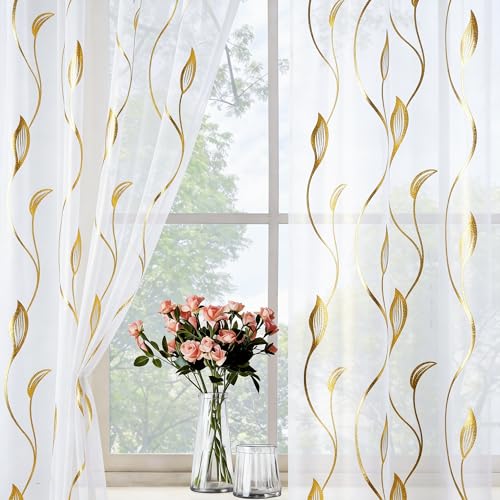 Gold Foil Print Sheer Curtains 96 inches Long, 2 Panels Ginkgo Bronzing Treatment Sheer Curtain, Rod Pocket Window Treatment Panels for Bedroom Living Room - color: Wicker/Gold/White, size: 42"W x 96"L (Pack of 2)