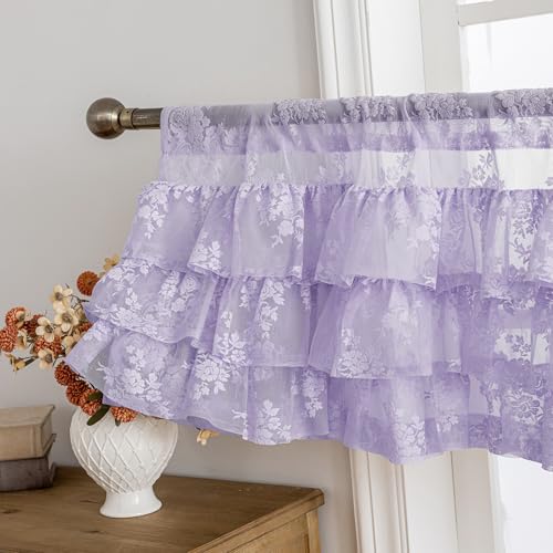 Kotile Light Purple Ruffle Lace Valance for Window W52 x L18 Inch, 1 Panel | Rod Pocket, Gathered Lace Adds Body, Sifts Light, Rustic Floral, Vintage Cottage Look, Short Romantic Layers, Privacy - color: Lavender/Light Purple - Ruffle Lace
