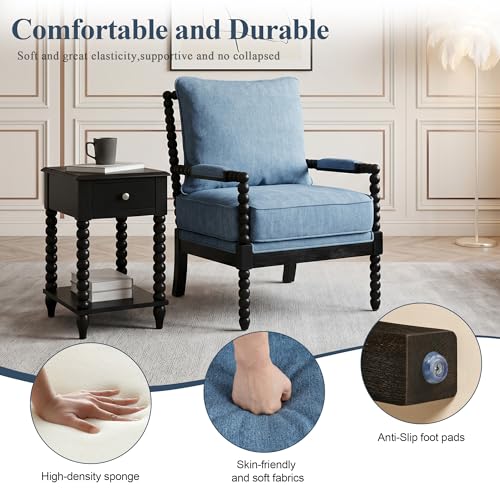 DUHOME Linen Fabric Spindle Accent Chairs Set of 2 with Wood Frame,Modern Accent Spool Chairs with Padded Spring Seat and Brushed Blue Base for Living Room Bedroom Farmhouse Home Office Belcony - color: Black+blue, size: 2 pcs