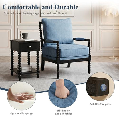 DUHOME Linen Fabric Spindle Accent Chairs Set of 2 with Wood Frame,Modern Accent Spool Chairs with Padded Spring Seat and Brushed Blue Base for Living Room Bedroom Farmhouse Home Office Belcony - color: Black+blue, size: 2 pcs