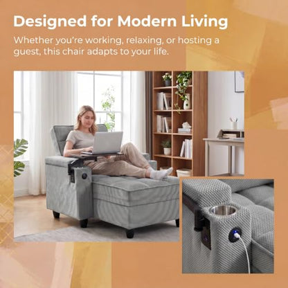 Convertible Sleeper Chair, Pull Out Sofa Bed with Adjustable Backrest & Hidden Storage Armrest, Single Sofa Recliner with USB Charging Port & Cup Holders for Living Room, Bedroom, Gray - color: C-gray-w6