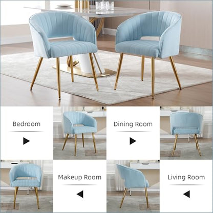 Velvet Home Office Desk Vanity Chair, No Wheels, Gold Legs, Light Blue | Modern Accent Chair with Stylish Stripe Design, Spacious‌ Soft Seat for Girls & Women Bedroom Makeup or Nail Table - color: Blue Velvet, No Wheels