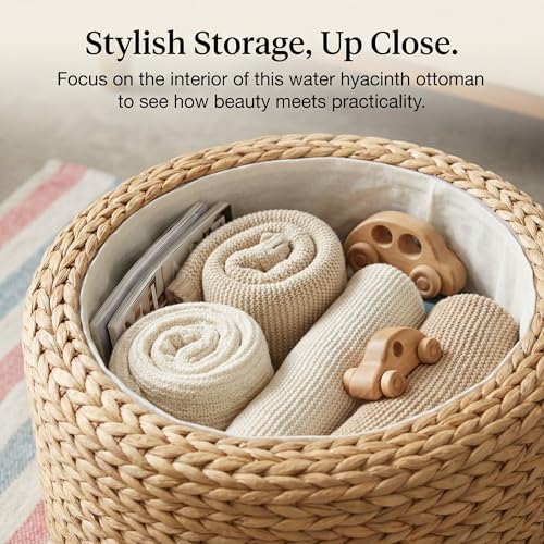 DEILSY™ Round Ottoman with Storage Water Hyacinth Wicker Ottoman with Lid | Handwoven round storage ottoman, wicker ottoman with lid, ideal as extra seating, blanket storage and home organization