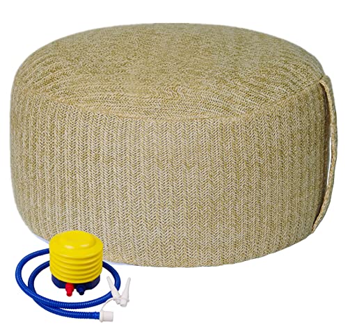 Inflatable Ottoman with Air Pump D21”x H10” Outdoor Indoor Footrest Stool | Woven Inflatable Ottoman with Portable Handle, Round Ottoman for Patio Garden, Camping, Bedroom, Living Room Natural Color