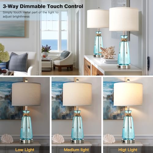 Rinweey 26" Coastal Lamps for Living Room Set of 2,3-Way Dimmable Bedside Lamps with USB Ports and AC Outlet, Nautical Lamps for Nightstand Bedroom Living Room,Teal - color: Coastal