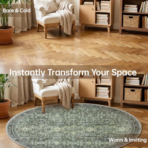 Sasttie Round Rug 6ft, Ultra-Soft Washable Rug for Living Room, Dark Green | 6 feet Thin Carpet for Apartment & Bedroom, Low-Pile Faux Cashmere, Non-Slip Backing, Skin-Friendly, Stain Resistant - color: Dark Green, size: 6' (Round)