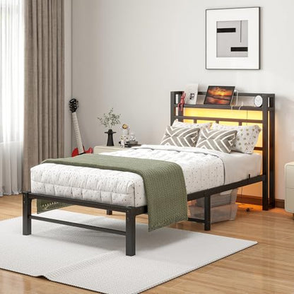 Twin Bed Frame with Headboard,Single Bed Frame with Charging Station and LED Lights,Metal Platform Bed Twin Sizes,No Box Spring Needed,Easy Assembly,Black (Black, Twin) - size: Twin, style: Modern Twin