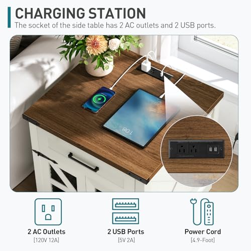 White Farmhouse End Table with Charging Station, 24" Large Sofa Side Table with Drawer, Large End Table for Living Room, Wooden Nightstand with Outlet, Square, White and Walnut - color: White and Walnut