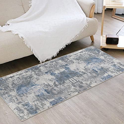 famibay Washable Runner Rugs with Rubber Backing Modern Abstract Runner Rug Non Slip Soft Flurry Floor Carpet Runner Indoor Rug Runners for Kitchen Bathroom Bedroom - color: Blue and Grey, size: 2 x 5 feet