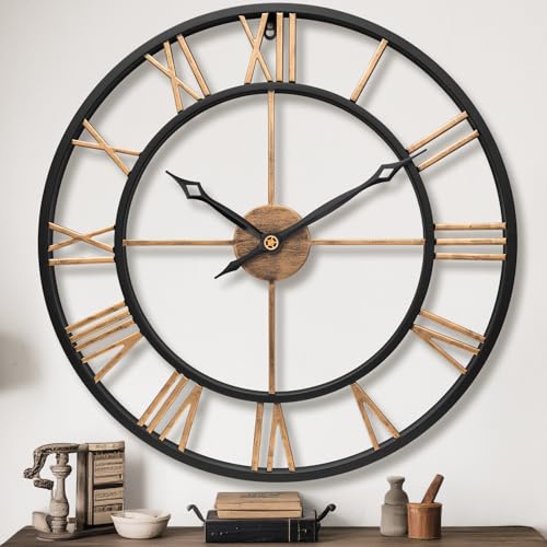 16 Inch Modern Decorative Metal Wall Clock with Big Black Roman Numerals Large Wall Clocks for Living Room Decor, Bedroom, Kitchen, Office,Housewarming Gift - color: Vintage Gold, size: 16 inch
