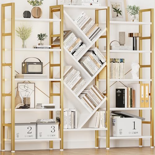 70x70” Triple 5 Tier Book Shelf, Large Wooden Bookcase with 17 Open Display Shelf, Modern Tree Bookshelf Metal Frame Tall Book Case Furniture for Living Room Bedroom Home Office White & Gold - color: Gold, size: 5 tier
