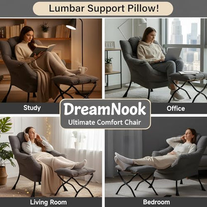 Lazy Chair with Ottoman, Reading Chair with Pillow，Dark Grey | Comfy Accent Lounge Chair with Pillow & folding Foot Stool, sturdy metal frame for bedroom, dorm or apartment, Living Room - color: Dark Grey