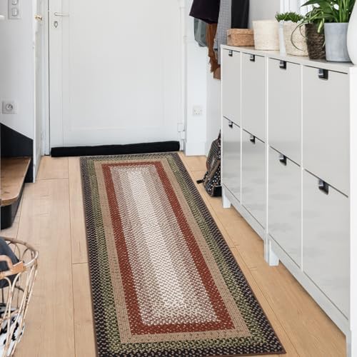 Washable 2x10 Long Hallway Runner Rugs Braided Print Rug Non Slip | Farmhouse Kitchen Carpet Low Pile Rustic Accent Area Rugs for Living Room Bedroom Bathroom, Crimson/Earthy - color: Crimson/Earthy, size: 2' x 10' (Runner)
