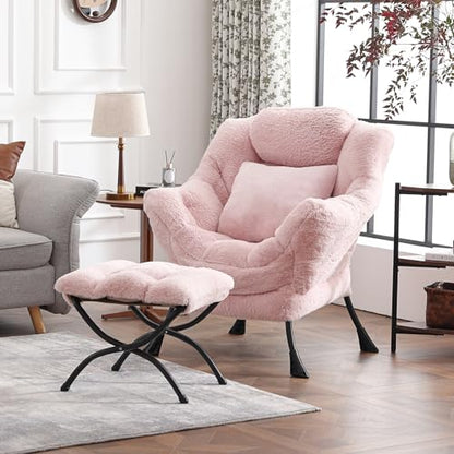 Lazy Chair with Ottoman, Plush Reading Chair with Pillow，Pink | Removable machine-washable cover; includes an extra throw pillow; cozy accent chair for living room, bedroom, dorm or office - color: Plush Cotton Candy Pink