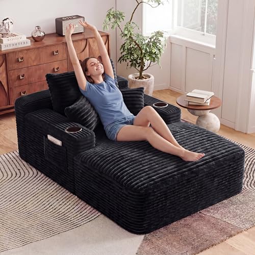 66" Oversized Chaise Lounge Indoor, Deep Seat Cloud Couch Corduroy Lounge Chair, Modern Upholstered Sofa Bed Loveseat Sleeper Chair for Living Room Bedroom Apartment, Dark Black - color: Dark Black, size: 66"