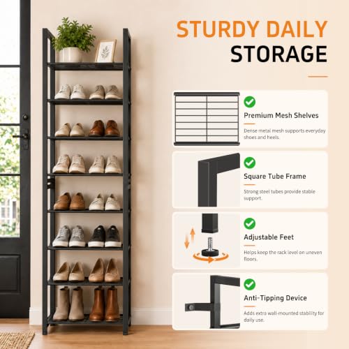 Stackable Shoe Rack, 8-Tier Metal Organizer Holds up to 16 Pairs, Tall Narrow Shoe Storage for Small Space Closet Hallway, Black - size: 8 Tier