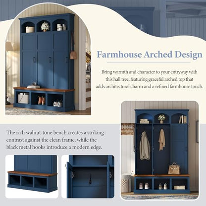 Merax Classic Arched Hall Tree with 3 Hidden Storage, Farmhouse Mudroom Bench with 5 Hooks, Mid-Century Entryway Organizer for Shoes, Blue