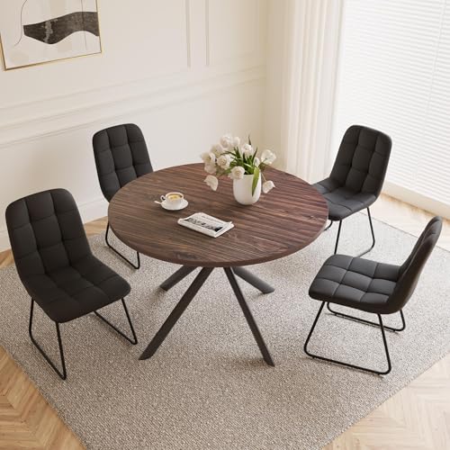 HIPIHOM 45.3 Inch Round Dining Table Set for 4, Mid Century Modern MDF Coffee Set for Dining Room Kitchen Apartment (Dark Walnut Table + 4 U-Shaped Black Chairs) - color: Walnut Table+4 Black Chairs U-shaped