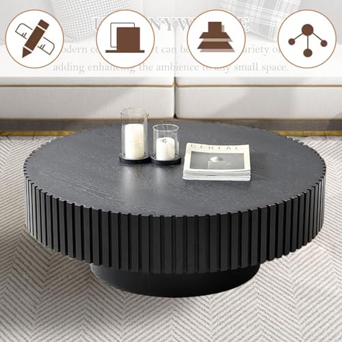 Round Fluted Drum Coffee Table with Pedestal Base | 31.5'' Modern Black Wooden Drum Center Table, Handcrafted Solid Wood Fluted Edge, For Living Room & Apartment - color: Round Black