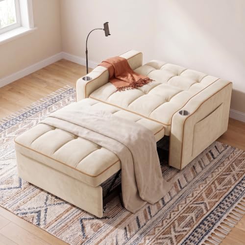 Sleeper Chair with USB Port, 3 In1 Pull Out Sofa Bed, White | Adjustable Backrest,Soft Cushioning,Handy Side Pocket,Cup Holders,Phone Holder - color: D-white-g2
