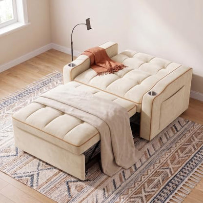Sleeper Chair with USB Port, 3 In1 Pull Out Sofa Bed, White | Adjustable Backrest,Soft Cushioning,Handy Side Pocket,Cup Holders,Phone Holder - color: D-white-g2