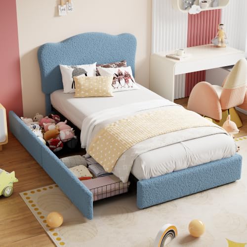 Garvee Upholstered Full Size Bed Frame for Kids with 2 Drawers, Velvet Twin Bed for Girls, Boys, Sturdy Platform Bed, No Box Spring Needed, Noise Free, Blue | Velvet Twin Bed for Girls, Boys, Sturdy Platform Bed, No Box Spring Needed, Noise Free - color: