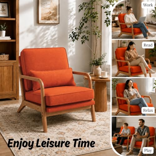 Karl home Mid-Century Modern Accent Reading Chair, Burnt Orange | Linen Upholstered, Solid Wood Frame, Soft Cushion, Lumbar Pillow, Lounge Armchair for Living Room, Bedroom, Balcony, Study - color: Linen Orange