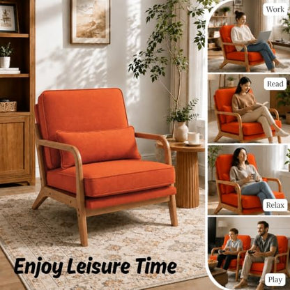 Karl home Mid-Century Modern Accent Reading Chair, Burnt Orange | Linen Upholstered, Solid Wood Frame, Soft Cushion, Lumbar Pillow, Lounge Armchair for Living Room, Bedroom, Balcony, Study - color: Linen Orange