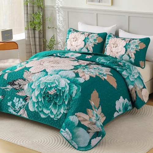 WONGS BEDDING Quilt Queen Size, 3 Pcs Teal Boho Floral Bedspread Bedding | Reversible Botanical Coverlet with 2 Shams, Soft Microfiber Lightweight Plant Farmhouse Bed Cover Set for All Season, 96"x90" - color: Teal, size: Queen 90"×96"