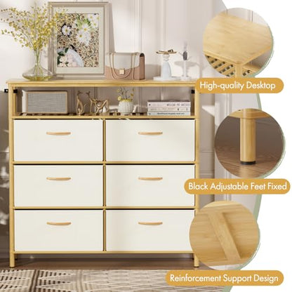 Solid Wood Dresser, Dresser with 6 Drawers, Solid Bamboo Frame Paired with Fabric Storage Boxes, Large Capacity, Stable and Durable, Versatile Style, for Bedrooms, Living Rooms, and Hallways - size: 11.8"D x 39.4"W x 37.8"H (6 Drawers)