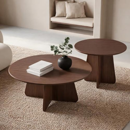 Nesting Coffee Table Set of 2, Round Wooden Coffee & Side Tables with Tapered Base, Walnut Finish, Mid-Century Modern Accent Furniture for Living Room Bedroom, Space-Saving Design - color: Walnut, size: Nesting Coffee Table Set