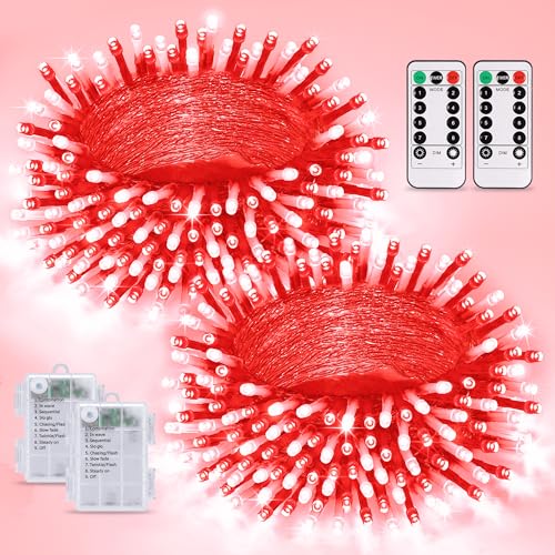 JMEXSUSS 2 Pack Red and White Battery Christmas Lights | Each 33ft 100 LED Battery Powered String Lights with Remote for Tree Patio Yard House Party Birthday Outside - color: Red&White, size: 2*100LED