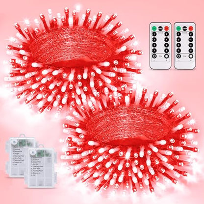 JMEXSUSS 2 Pack Red and White Battery Christmas Lights | Each 33ft 100 LED Battery Powered String Lights with Remote for Tree Patio Yard House Party Birthday Outside - color: Red&White, size: 2*100LED