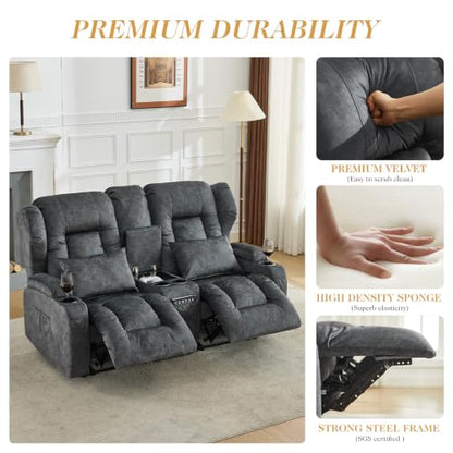Loveseat Recliner Sofa,RV Wall Hugger Recliners with Console,Reclining Loveseat Sofa Recliner with Cup Holders/Lumbar Pillows for Small Spaces,RV Furniture (Gray,66" 2-Seater) - color: Grey, size: 66" 2-Seater